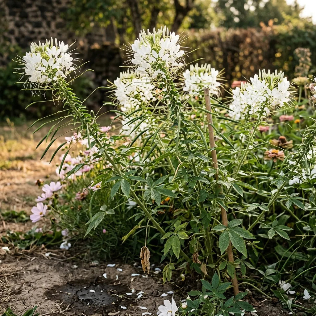 Cléomes blanches en fond de massif d'été à contre-jour — SemiSauvage