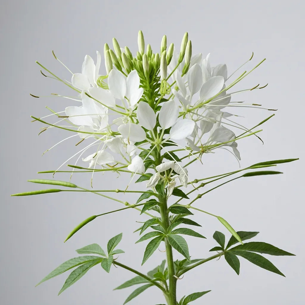 Hampe fleurie de cléome blanche sur fond clair, longues étamines et gousses horizontales — SemiSauvage
