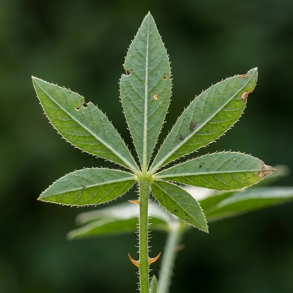 Feuille palmée de cléome blanche en macro, poils glanduleux et épines à la base du pétiole — SemiSauvage