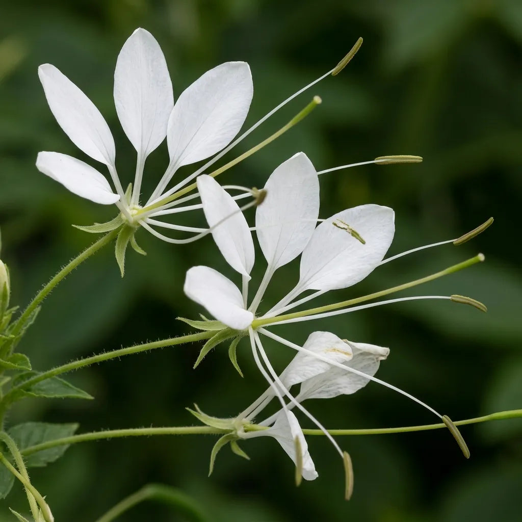 Macro d'une fleur de cléome blanche : quatre pétales, six étamines filiformes et gynophore — SemiSauvage