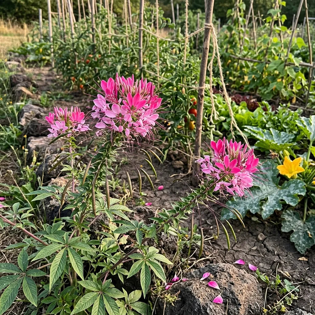 Cléomes roses en bordure de potager attirant les pollinisateurs vers les cultures — SemiSauvage