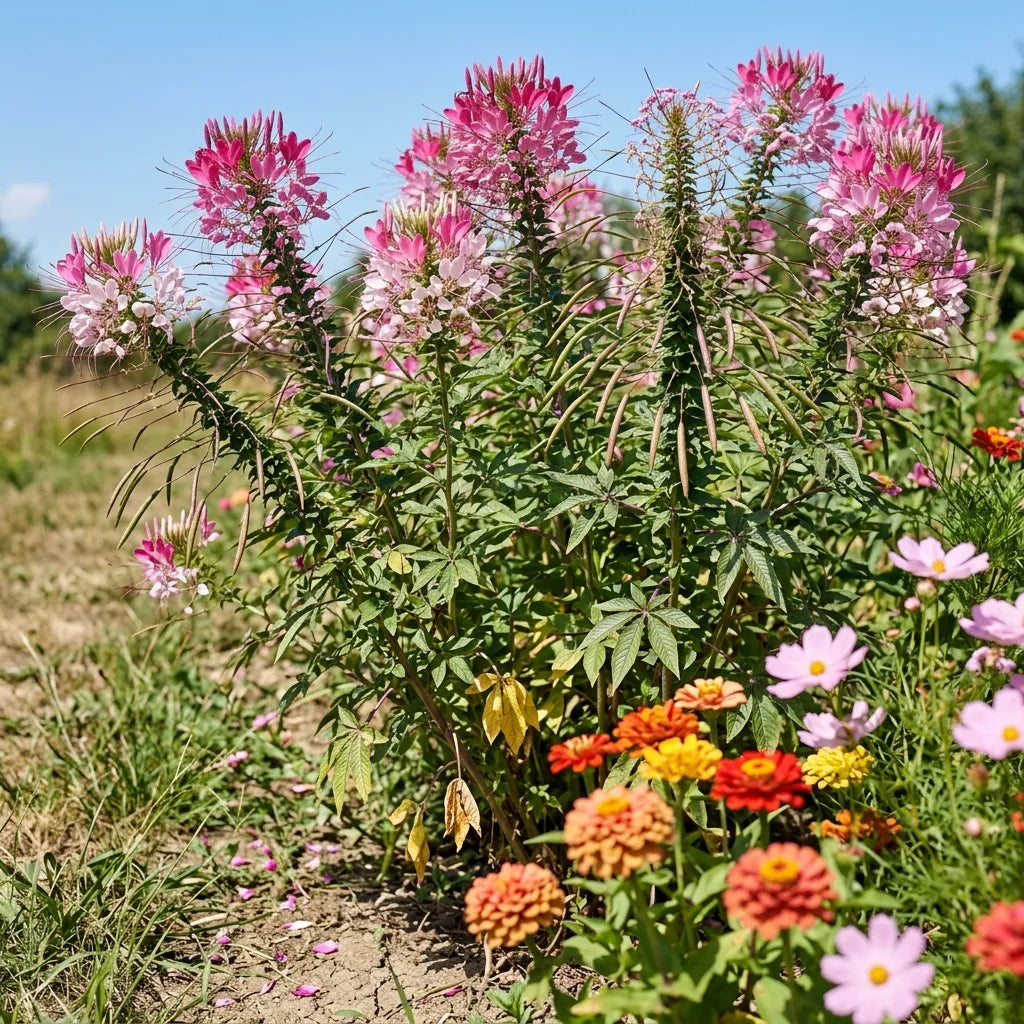 Cléomes roses en fond de massif derrière zinnias et cosmos — SemiSauvage