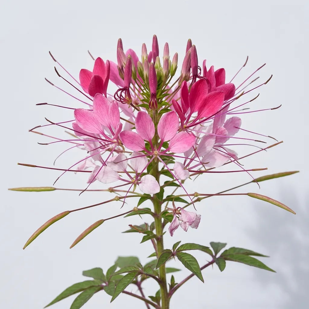 Hampe fleurie de cléome rose, étamines rose-violet et gousses horizontales — SemiSauvage