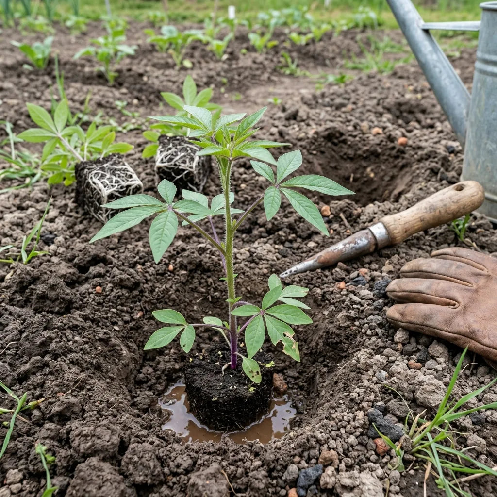 Repiquage d'un jeune plant de cléome rose en pleine terre après les gelées — SemiSauvage