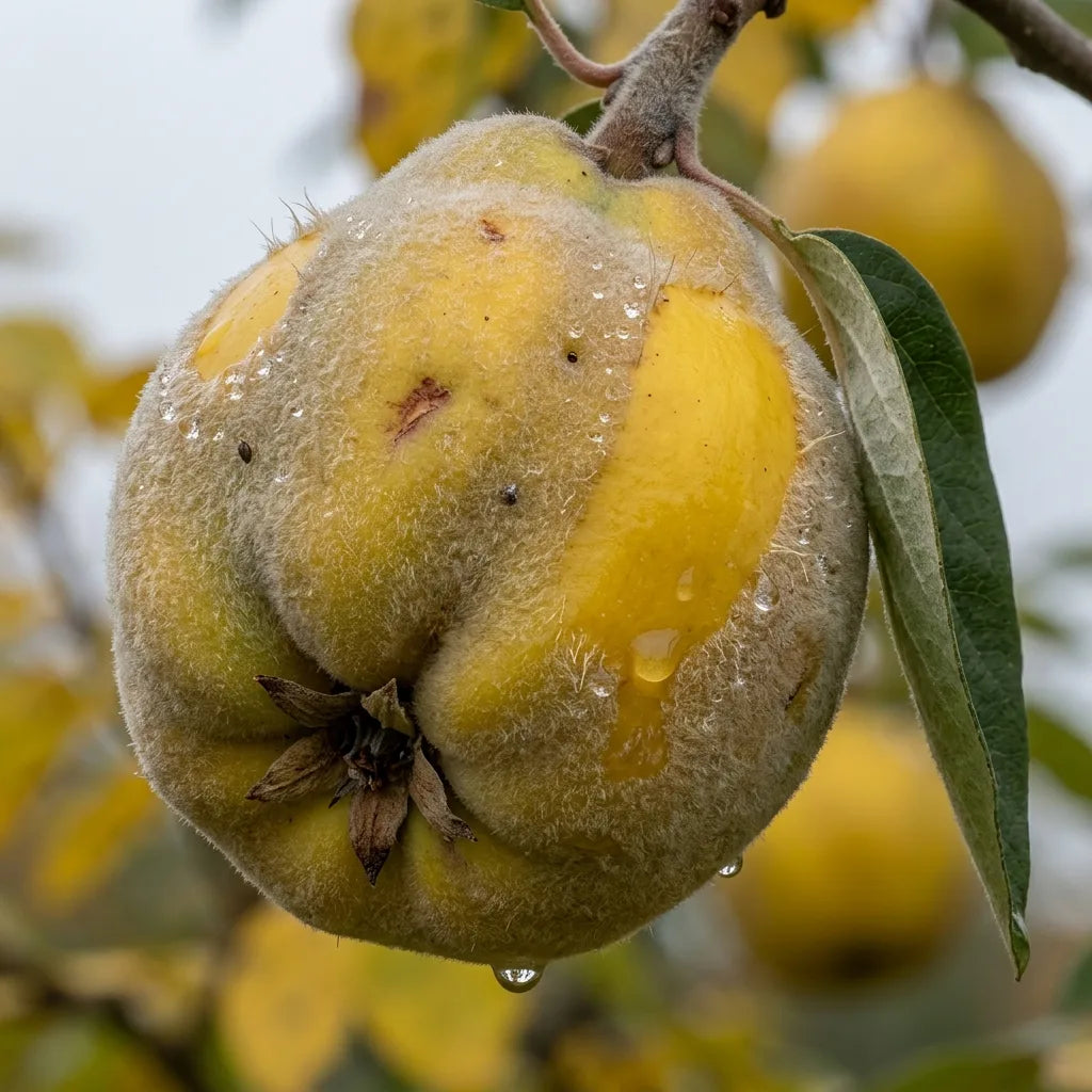 Macro d'un coing mûrissant et de son duvet gris sur l'arbre — SemiSauvage