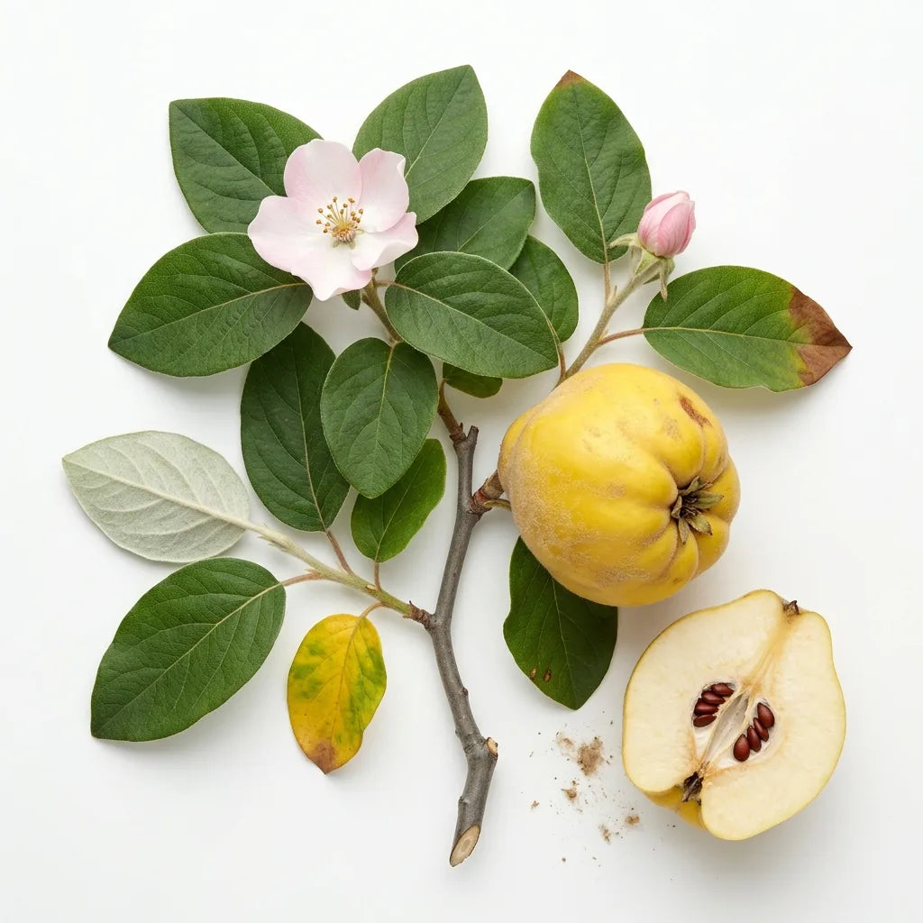 Rameau de cognassier (Cydonia oblonga) avec fleur, coing entier et coing coupé, sur fond blanc — SemiSauvage