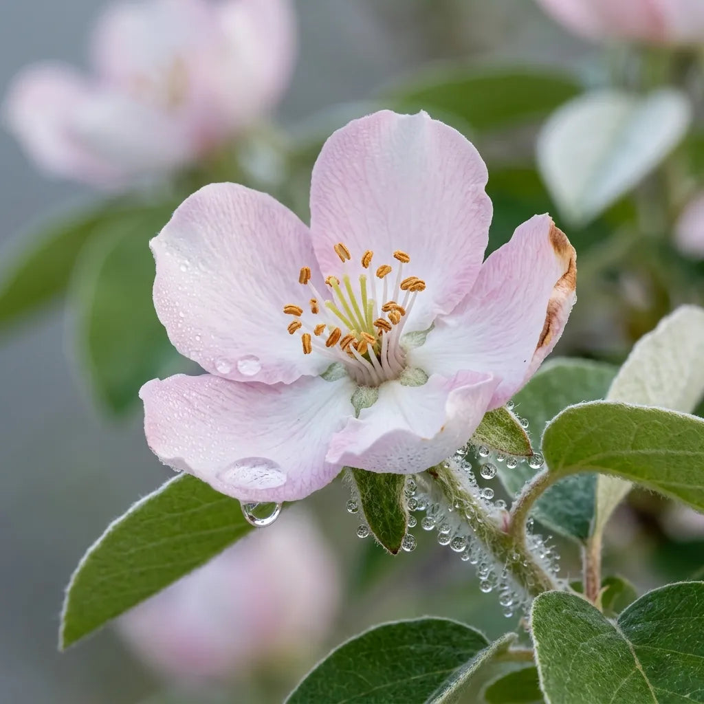 Macro d'une fleur de cognassier au calice laineux, couverte de rosée — SemiSauvage