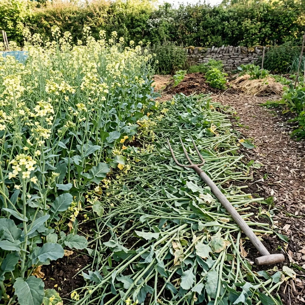 Bande de colza fauchée et couchée en mulch, fourche à foin posée à côté — SemiSauvage