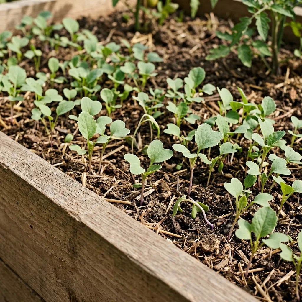 Jeunes plantules de colza à cotylédons en cœur dans un carré potager — SemiSauvage