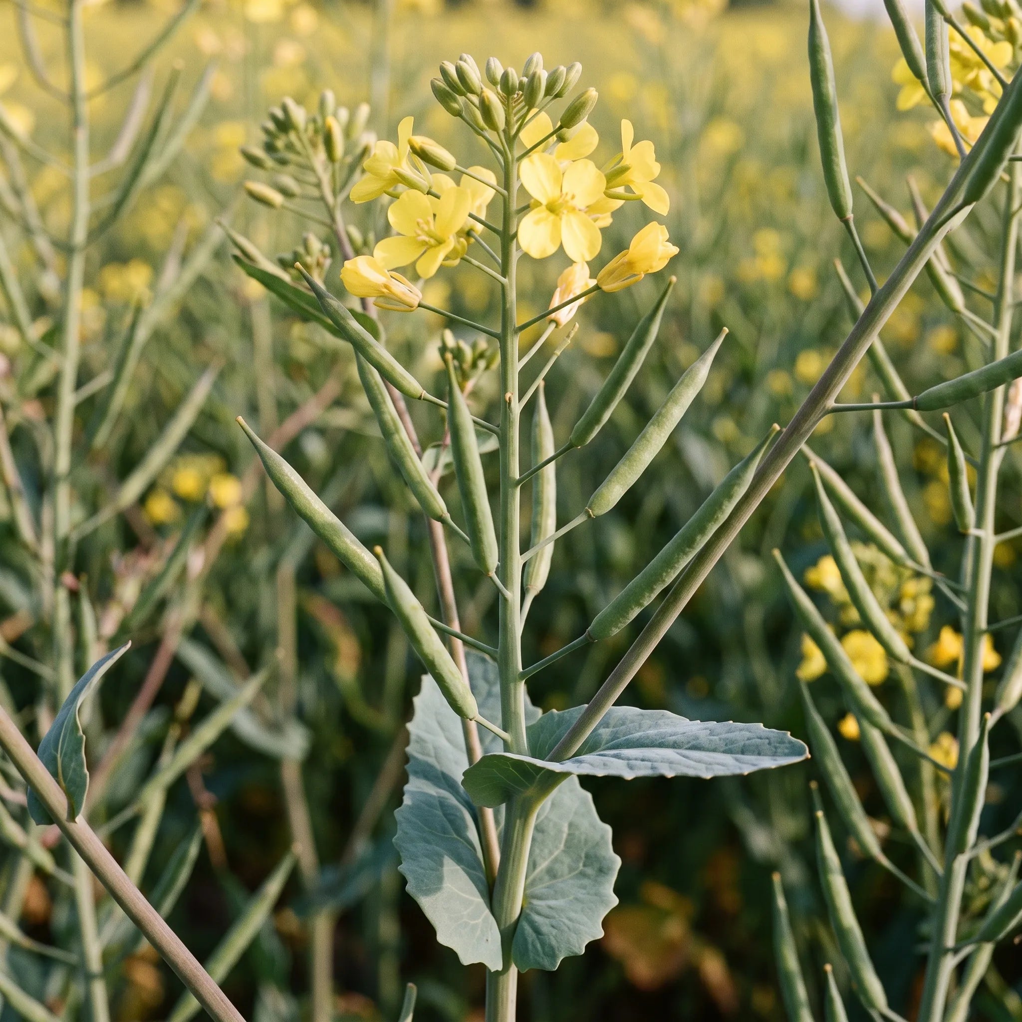 Macro d'une feuille de colza embrassante et de siliques à bec conique — SemiSauvage