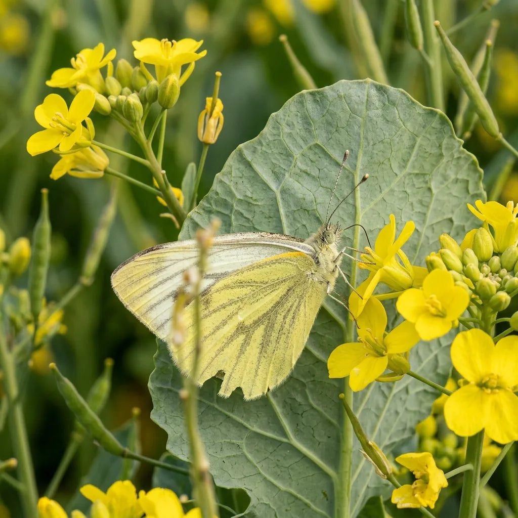 Piéride du navet posée sur une grappe de fleurs de colza — SemiSauvage