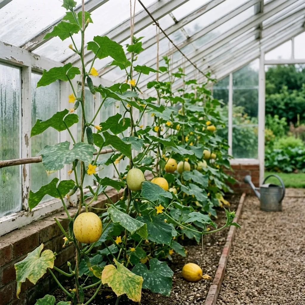 Concombres citron palisés sur ficelle sous une serre ancienne — SemiSauvage