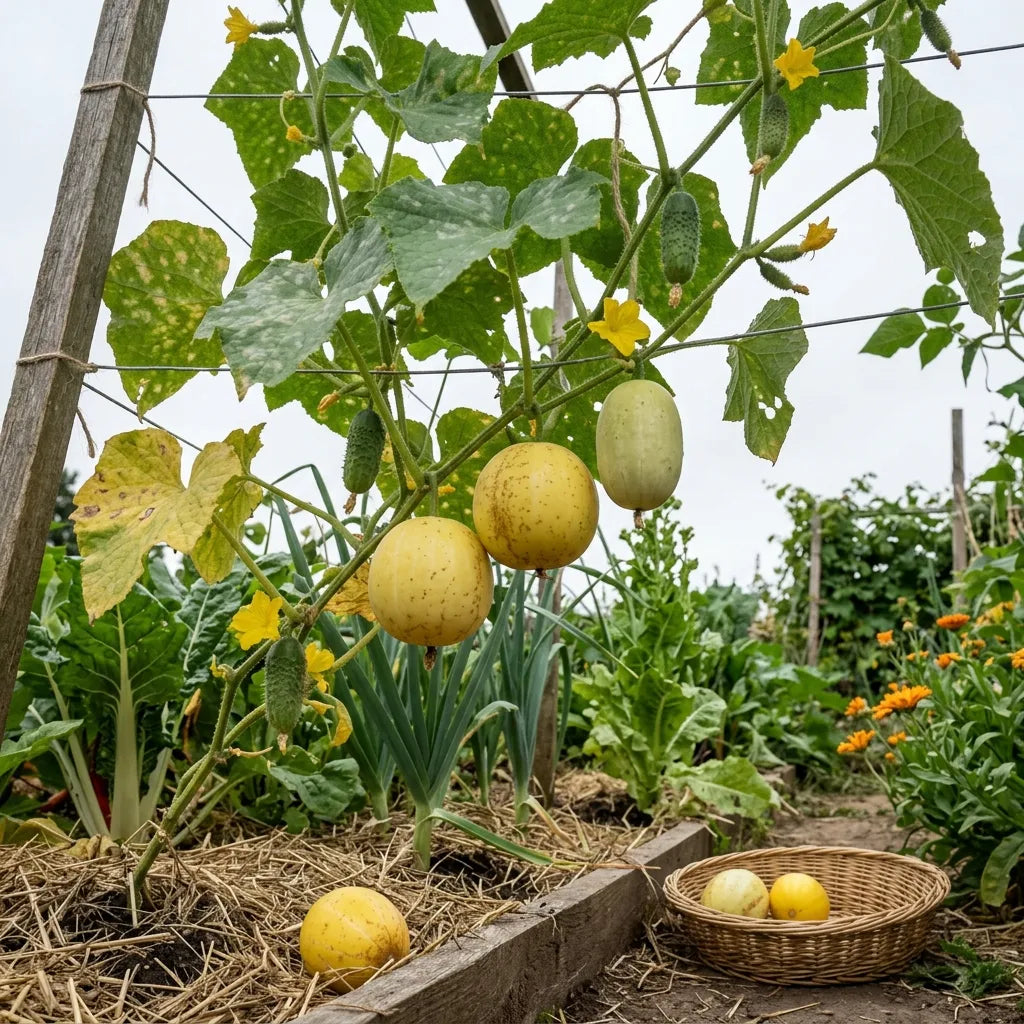 Concombre citron palisé sur treillis dans un potager en permaculture — SemiSauvage