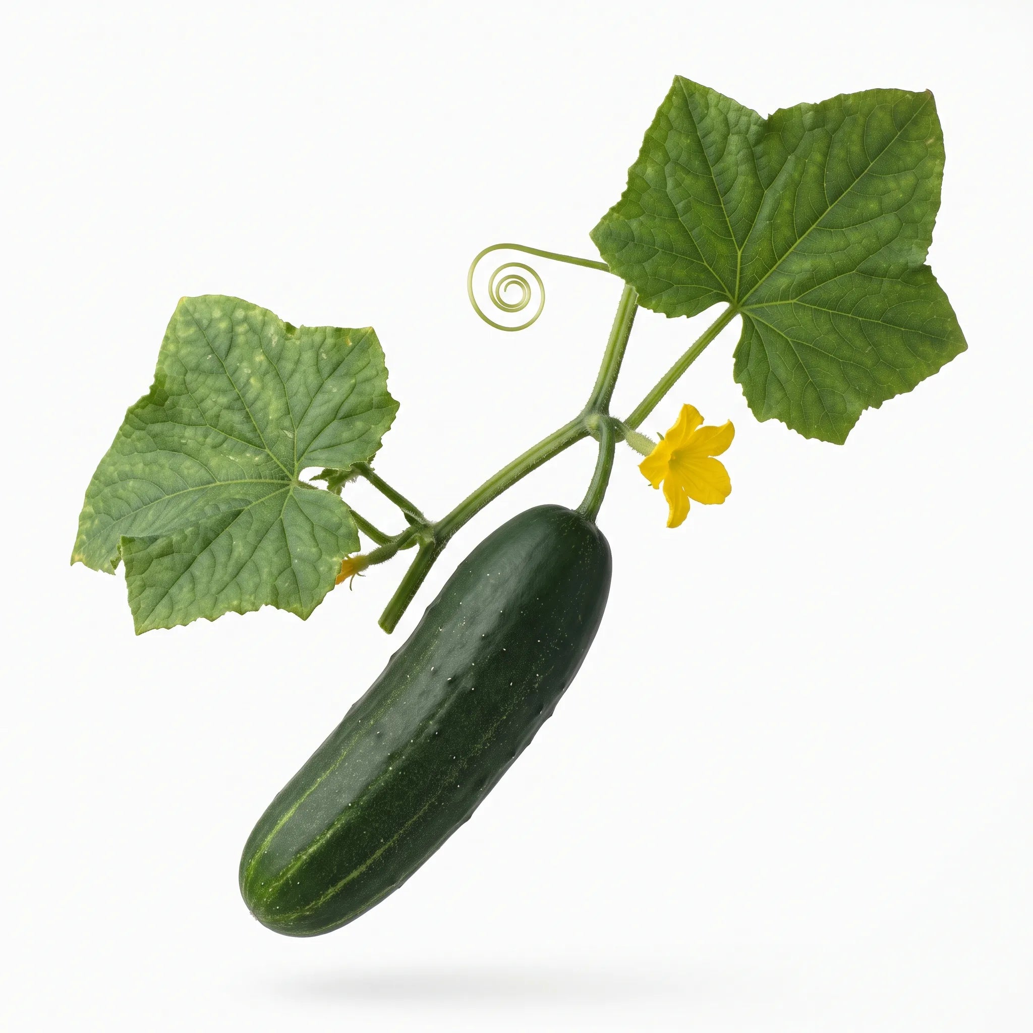 Tige feuillée de concombre Marketmore avec un fruit vert foncé de 21 cm, une fleur jaune et une vrille, sur fond blanc de studio