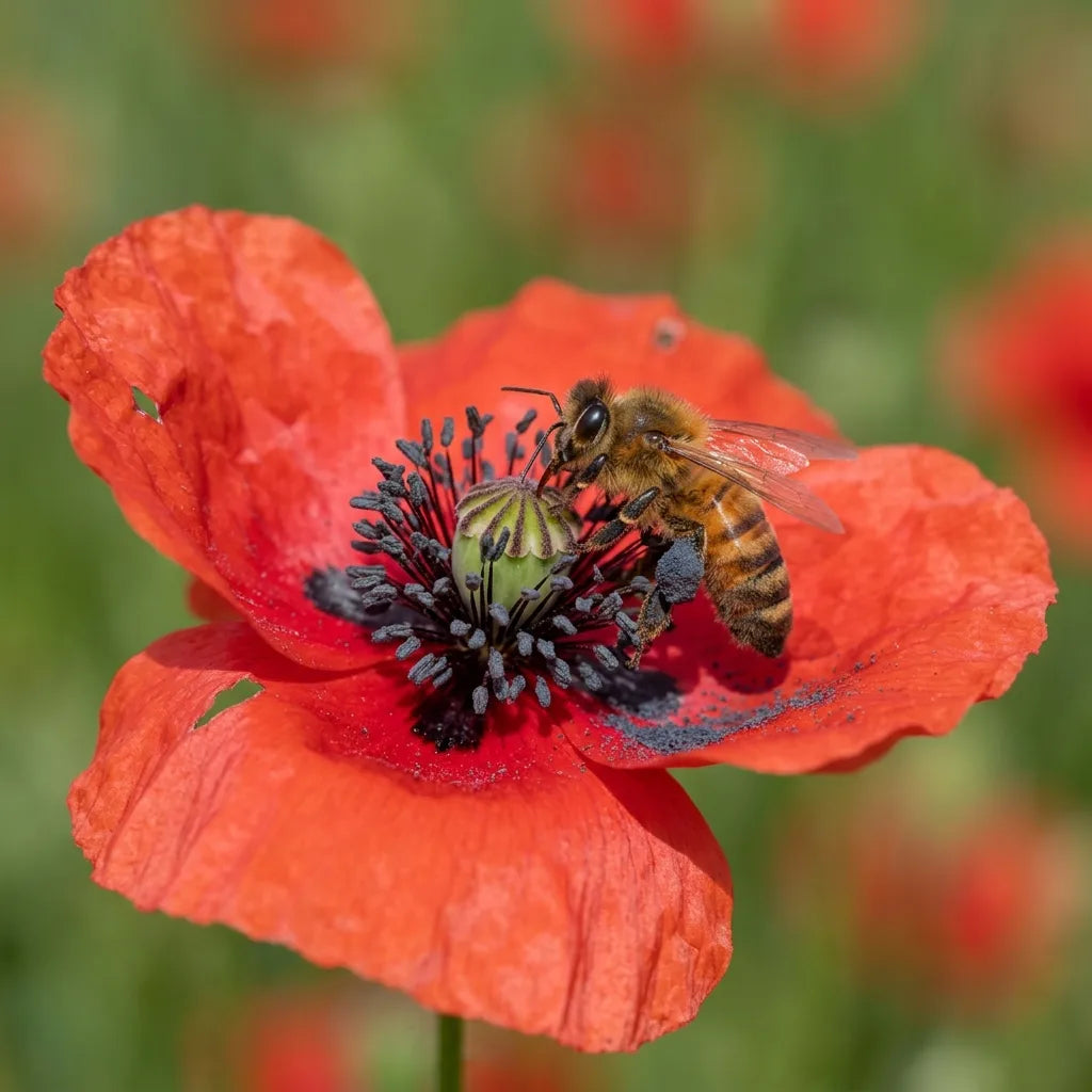 Abeille domestique sur un coquelicot, pelotes de pollen gris-bleu très sombre — SemiSauvage