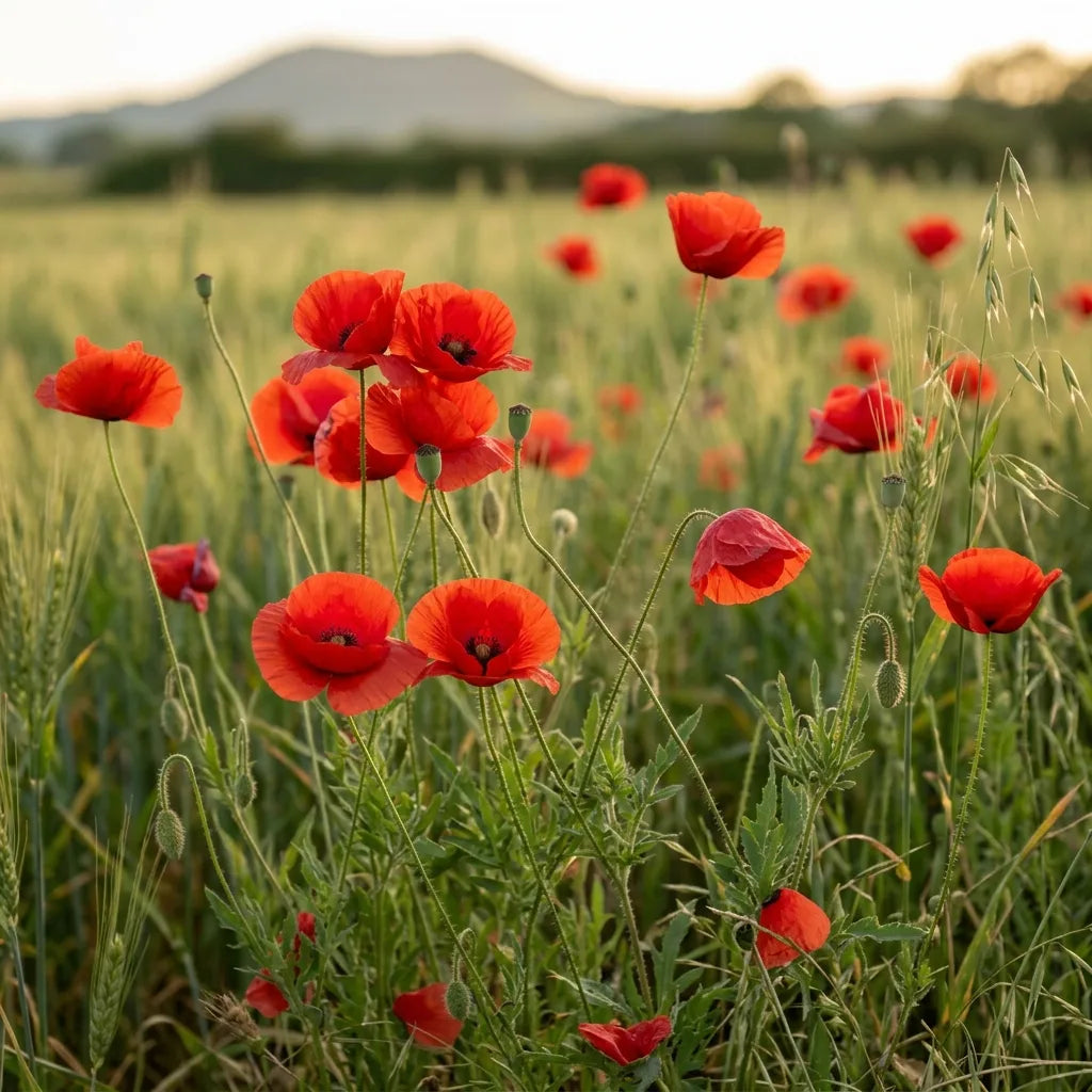 Coquelicots sauvages en lisière d'un champ de blé à contre-jour — SemiSauvage