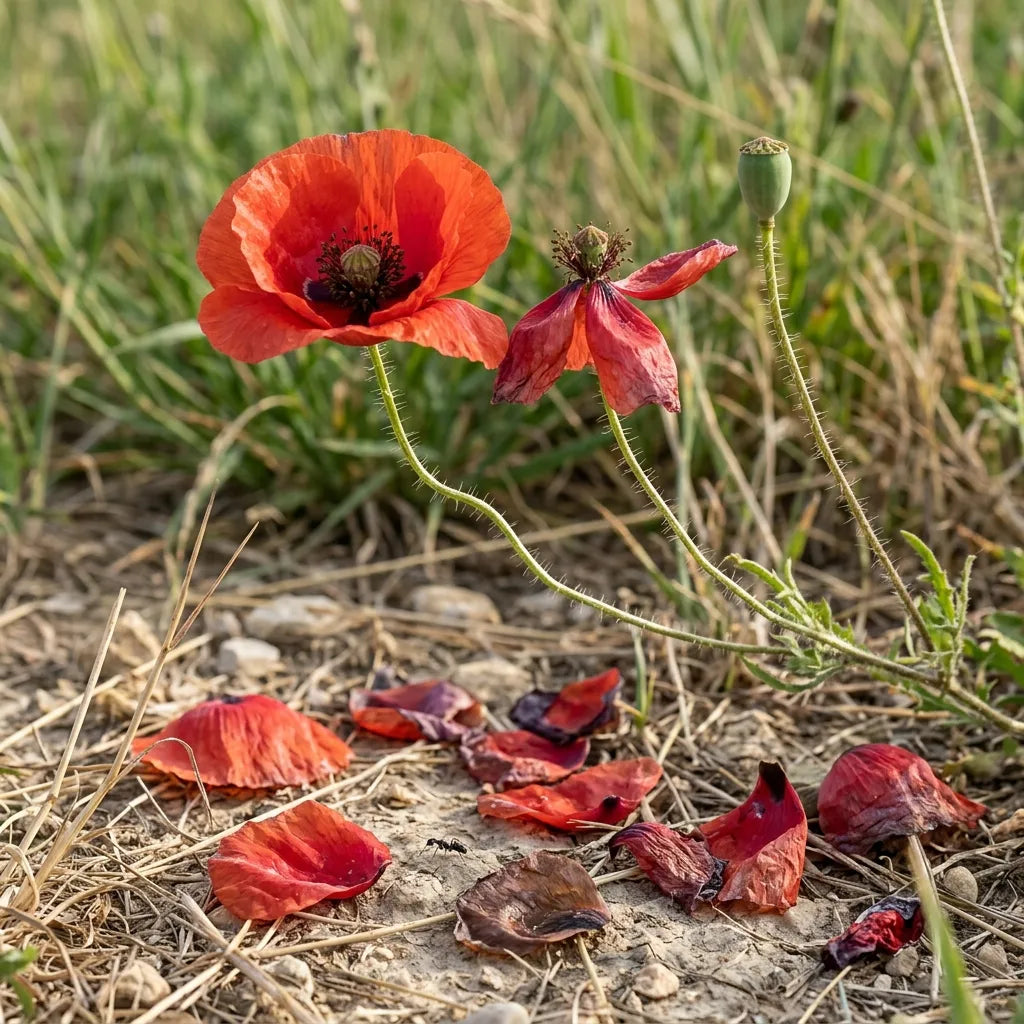 Floraison éphémère du coquelicot : fleur fraîche, fleur qui se défait et pétales tombés — SemiSauvage