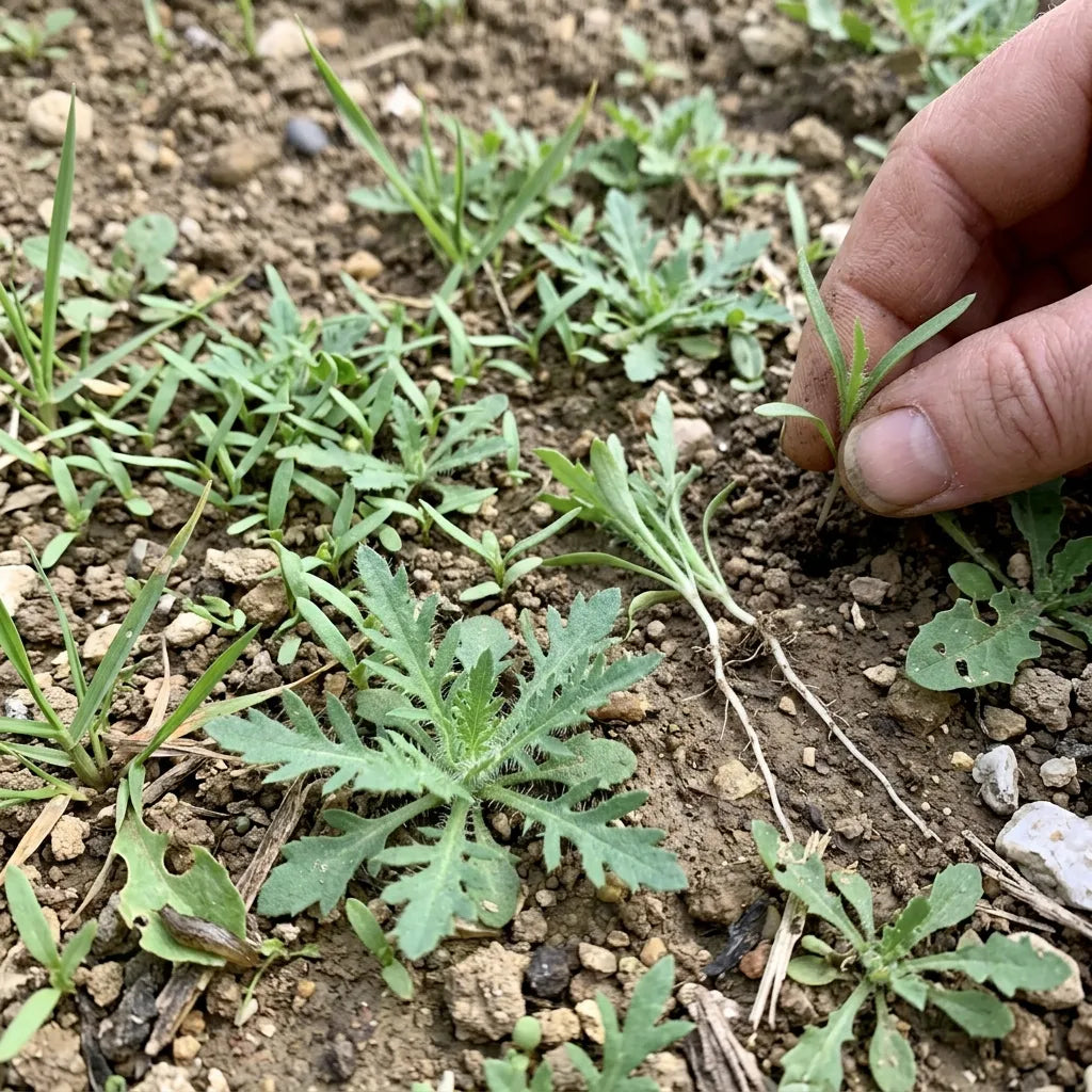 Jeunes rosettes de coquelicot sauvage et éclaircissage, racine pivotante visible — SemiSauvage
