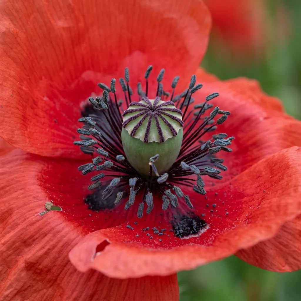 Cœur d'une fleur de coquelicot : étamines noir-violet et disque stigmatique à dix rayons — SemiSauvage