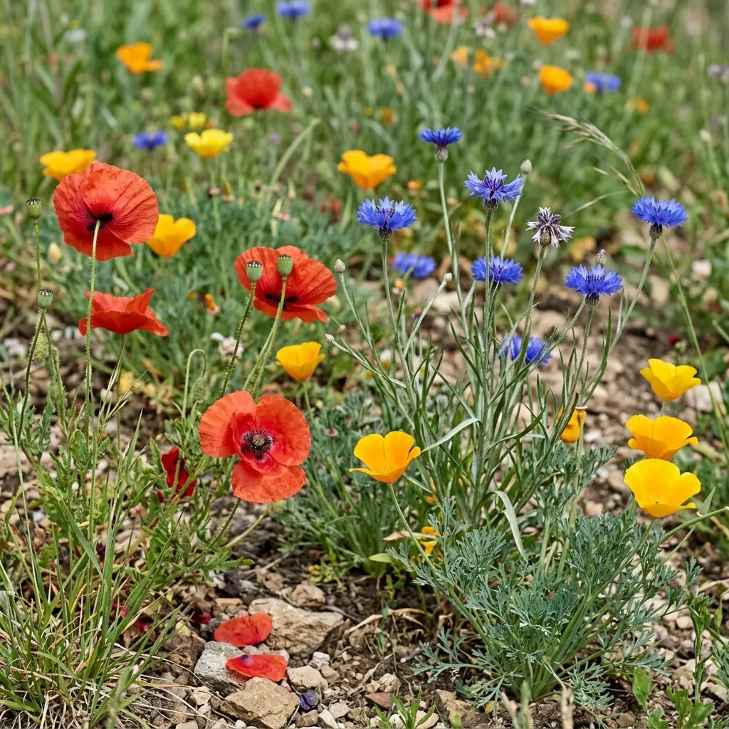 Prairie fleurie associant coquelicot sauvage, bleuet et pavot de Californie — SemiSauvage