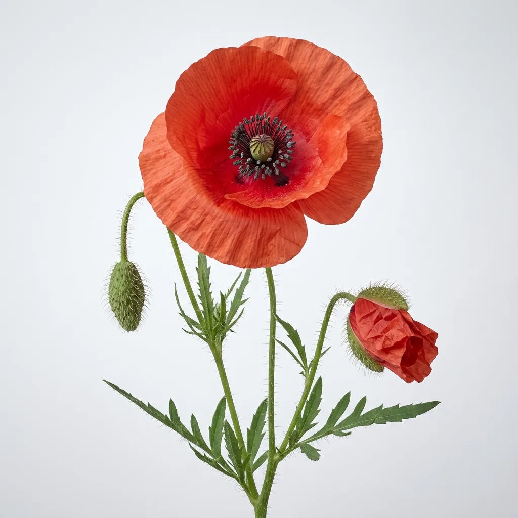 Tige fleurie de coquelicot sauvage : fleur ouverte, bouton penché et bouton à l'éclosion — SemiSauvage
