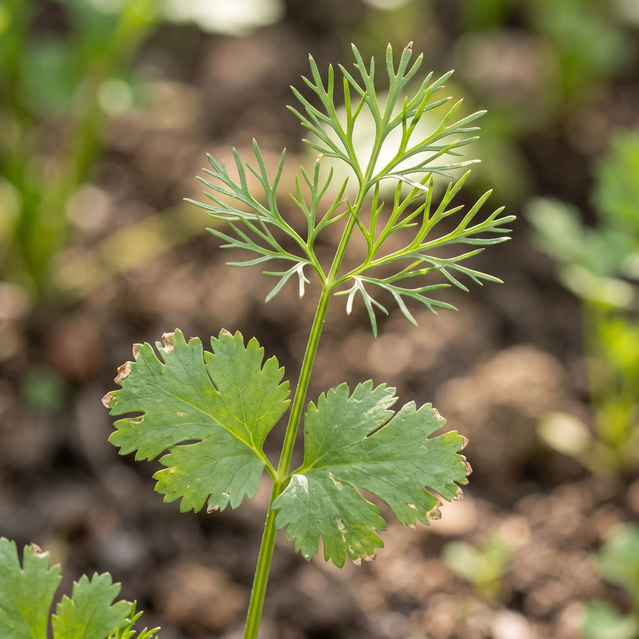 Dimorphisme foliaire de la coriandre : feuilles basales larges et feuilles supérieures filiformes