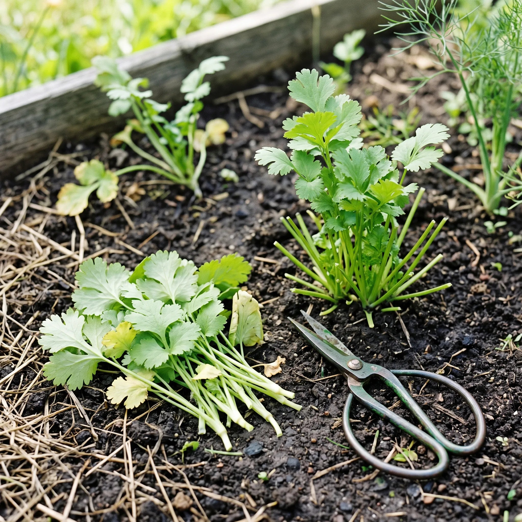 Récolte des feuilles jeunes de coriandre par prélèvement des tiges extérieures