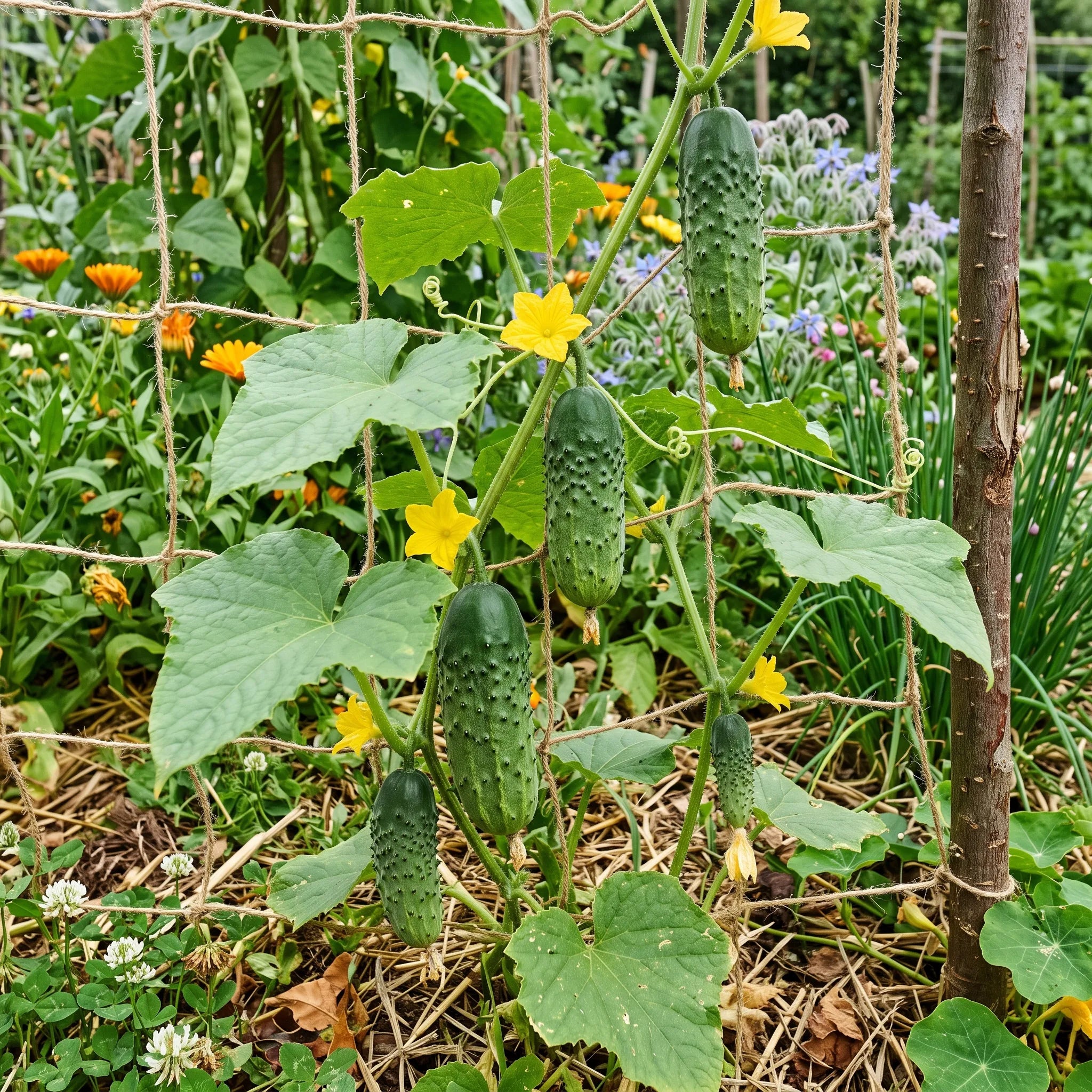 Pied de cornichon vert de Paris grimpant sur un filet vertical dans un potager paillé, quatre fruits à des stades différents