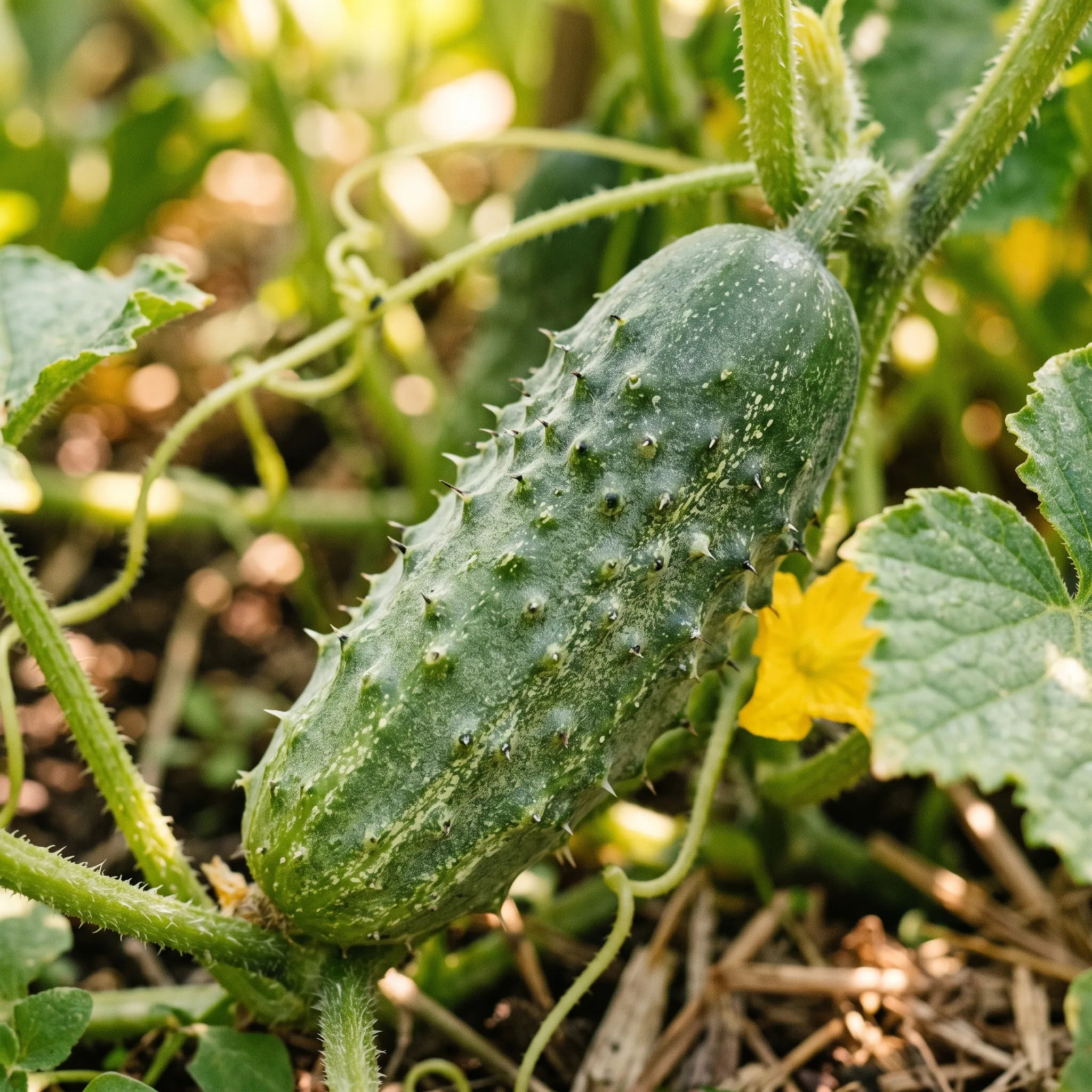 Macro d'un jeune cornichon vert de Paris montrant la peau nettement verruqueuse et épineuse, trait qui le distingue du concombre