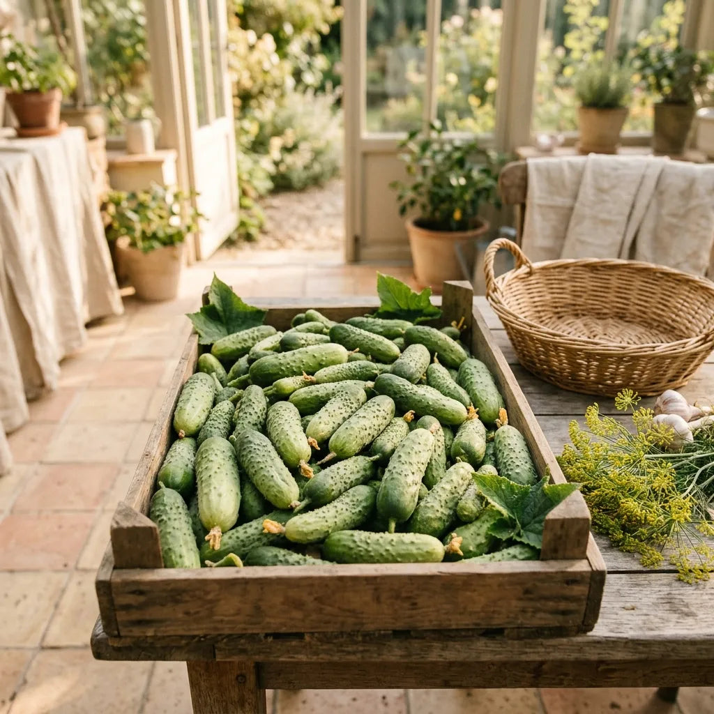 Cagette de cornichons vert de Paris fraîchement cueillis de 3 à 9 cm, avec aneth et ail, dans une véranda de jardin