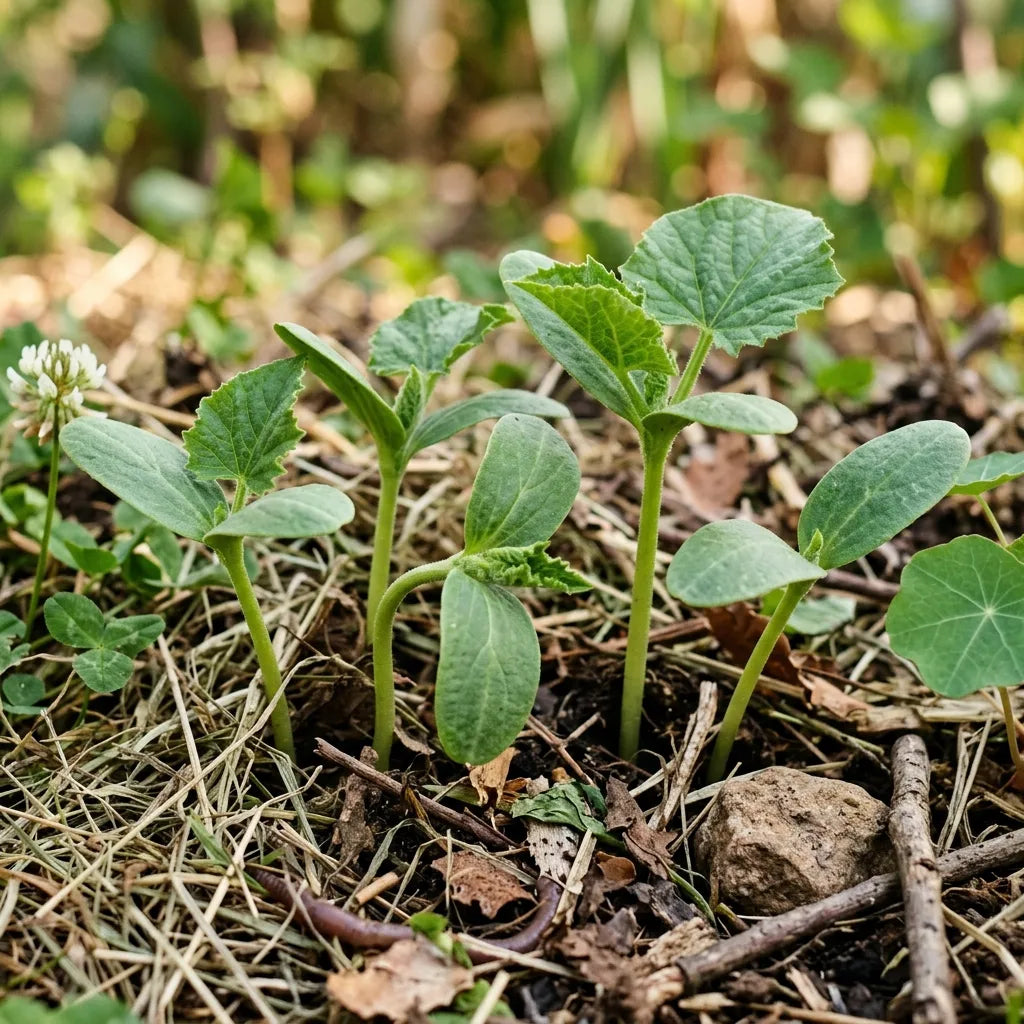 Jeunes plantules de cornichon levées au travers d'un paillage de foin, cotylédons oblongs et première feuille palmée