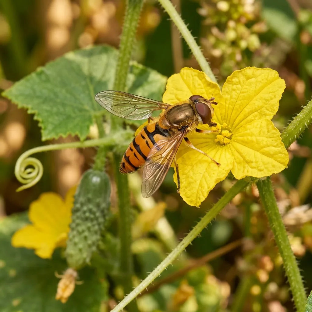 Syrphe ceinturé butinant une fleur jaune de cornichon vert de Paris dans un potager de permaculture