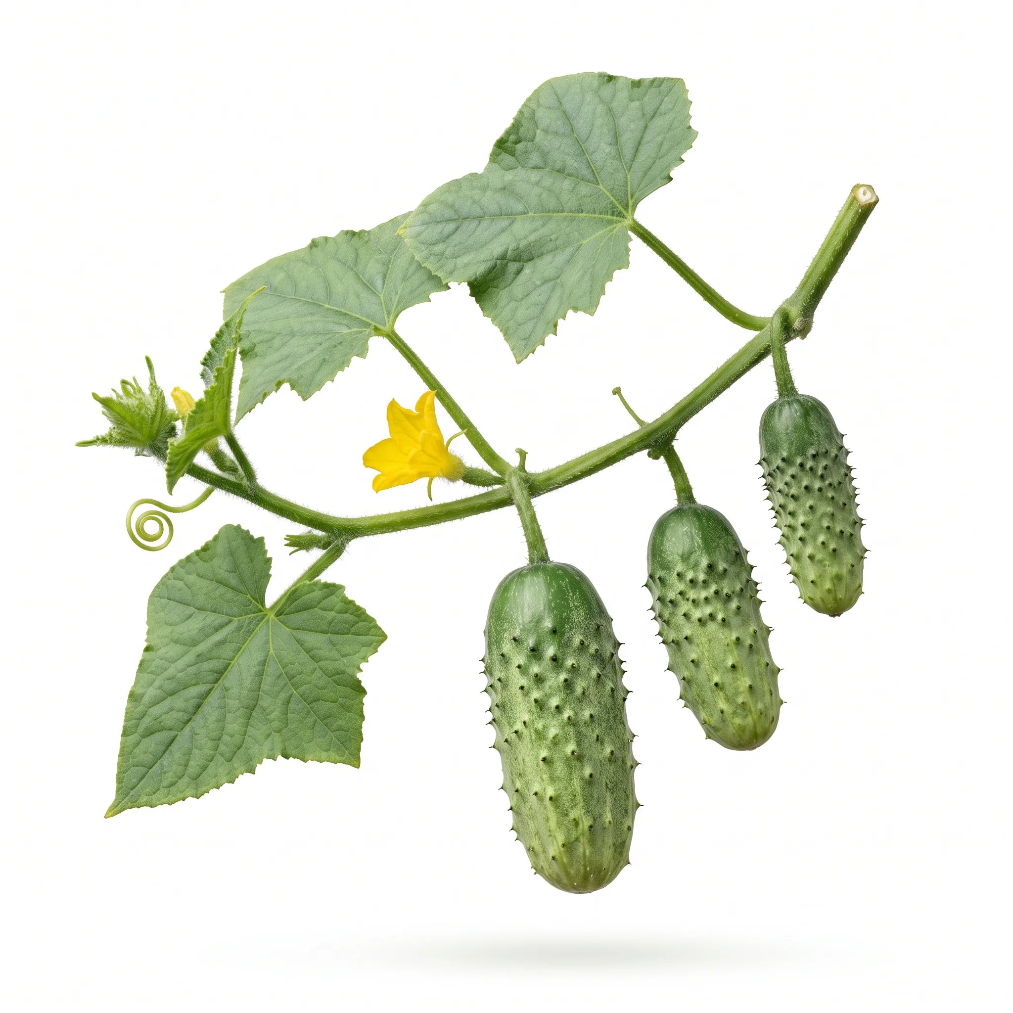 Tige feuillée de cornichon vert de Paris portant trois petits fruits trapus à peau verruqueuse et une fleur jaune, sur fond blanc de studio