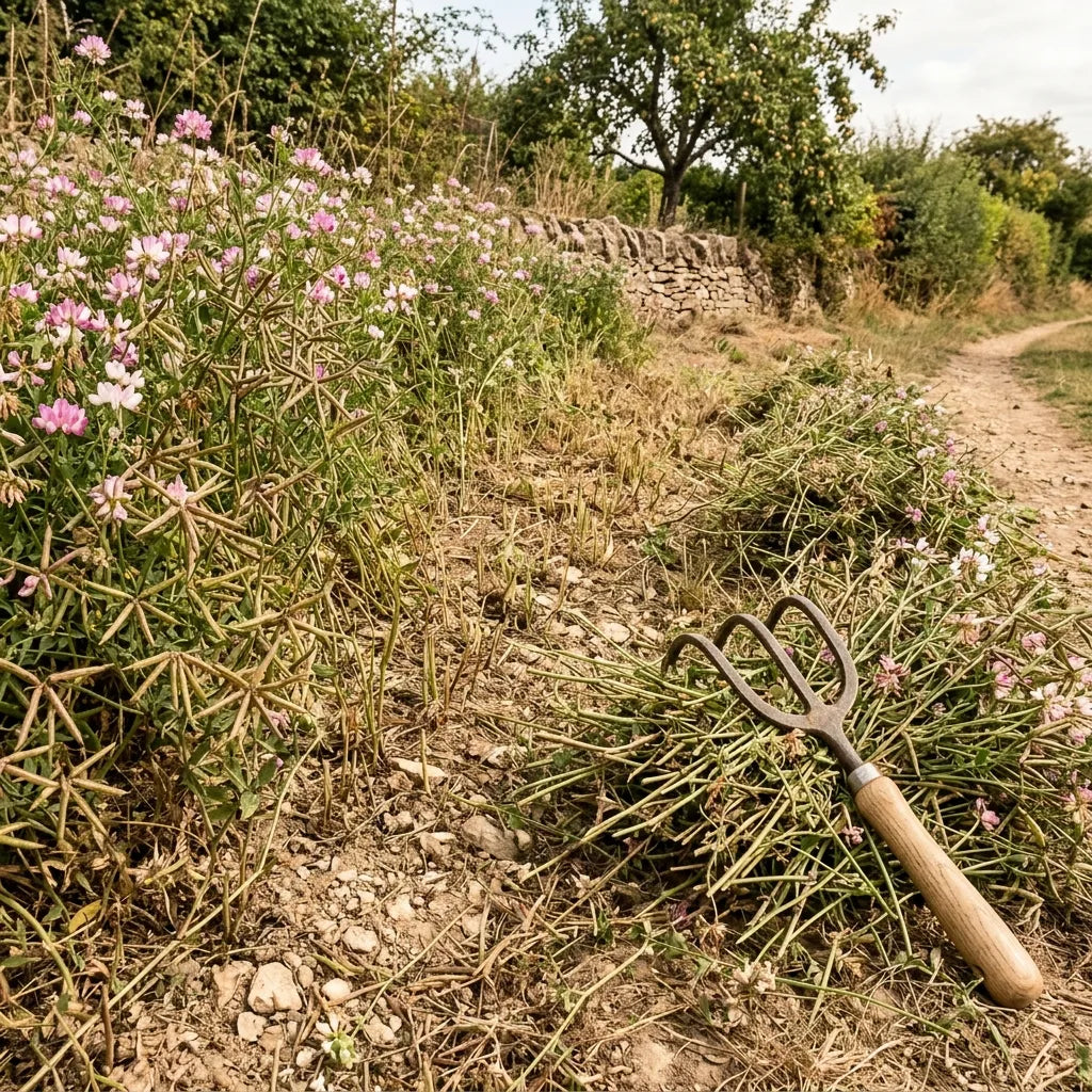 Talus de coronille à demi fauché, croc à trois dents posé sur l'andain — SemiSauvage