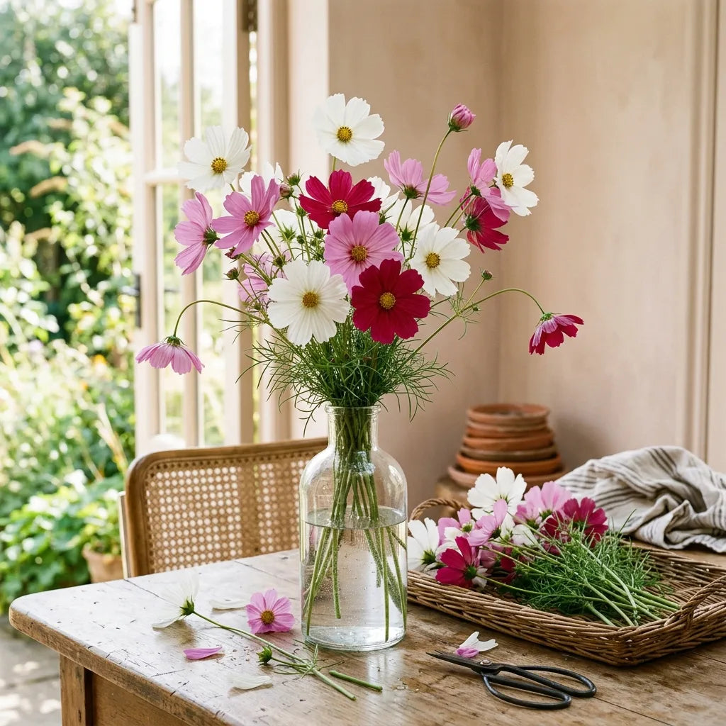 Bouquet aérien de cosmos (Cosmos bipinnatus) fraîchement cueillis — SemiSauvage