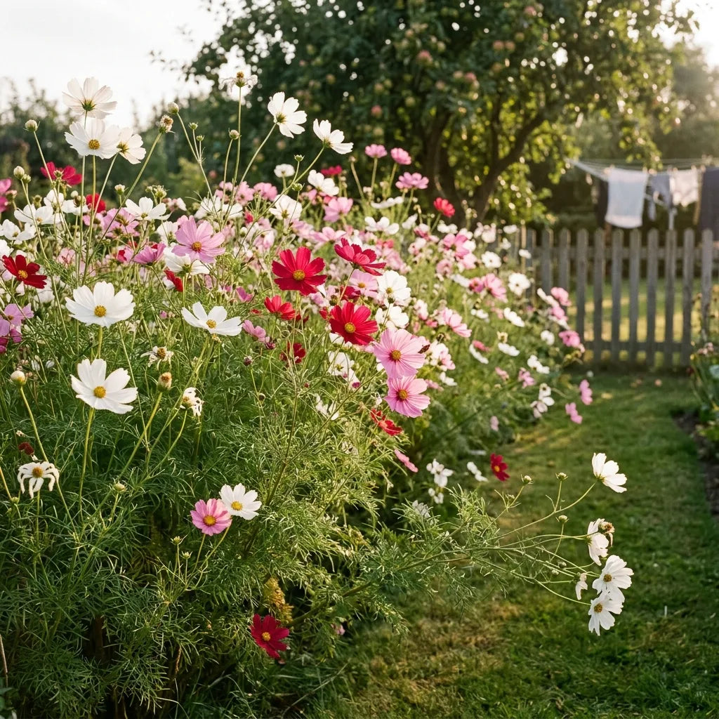 Massif de cosmos blancs, roses et rouges (Cosmos bipinnatus) en fin d'été — SemiSauvage