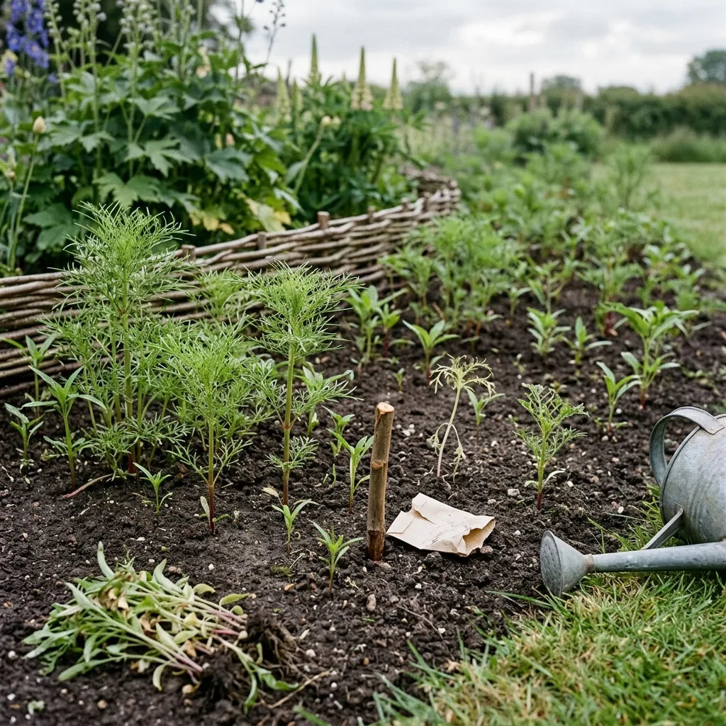 Jeunes semis de cosmos (Cosmos bipinnatus) en pleine terre après éclaircissage — SemiSauvage
