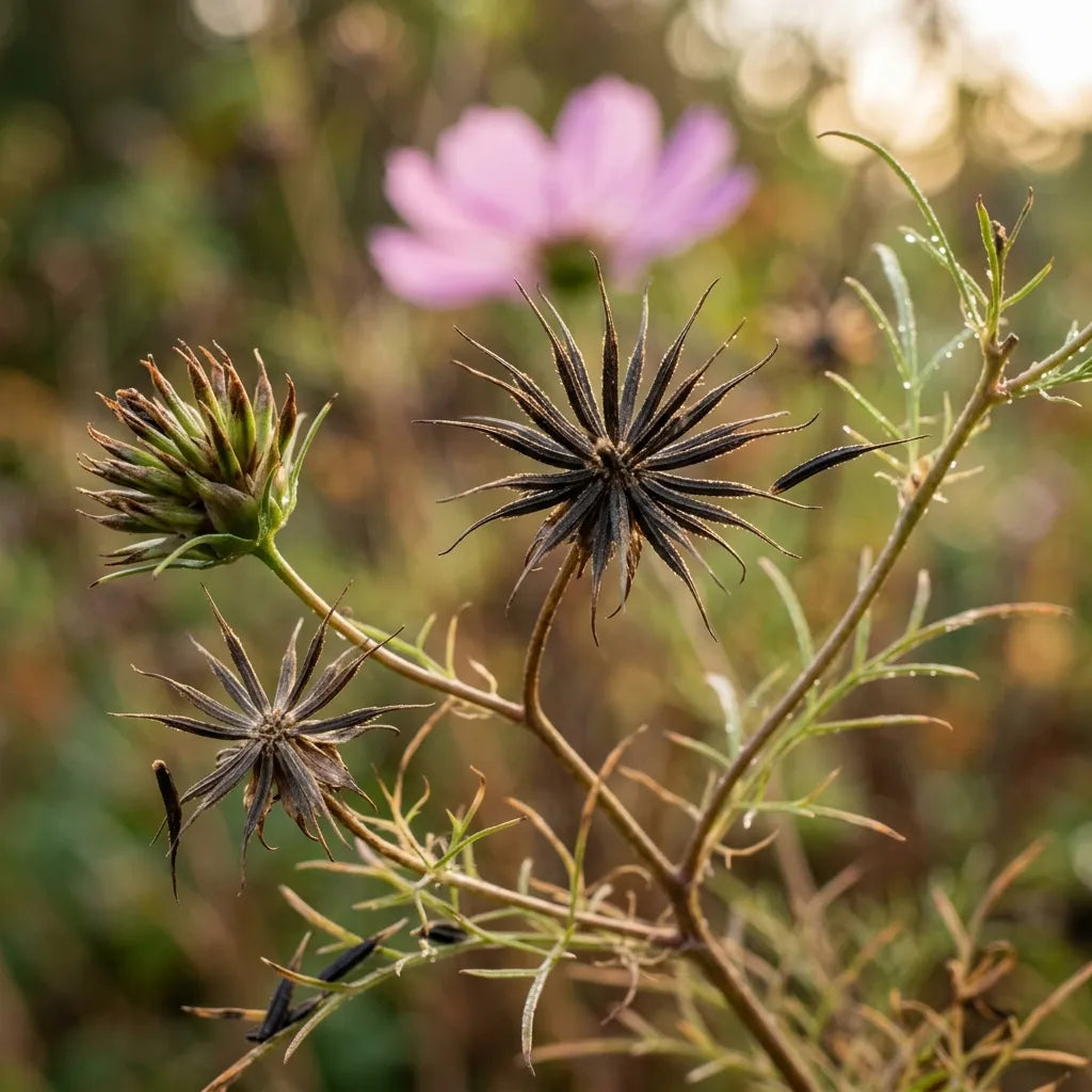 Têtes de graines mûres de cosmos (Cosmos bipinnatus) pour la récolte de semences — SemiSauvage
