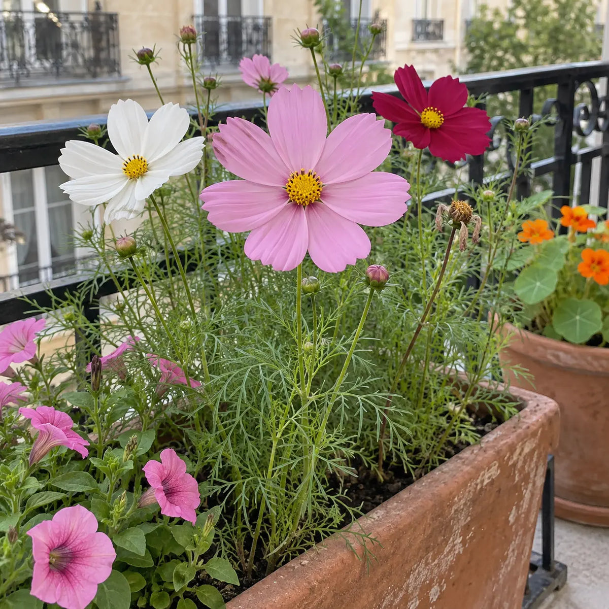 Cosmos blancs, roses et rouge carmin en jardinière sur un balcon, avec des pétunias et des capucines.