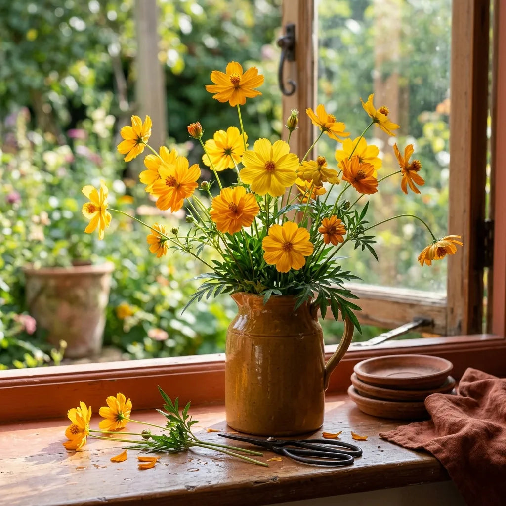 Bouquet de cosmos jaunes et orange (Cosmos sulphureus) sur un appui de fenêtre — SemiSauvage