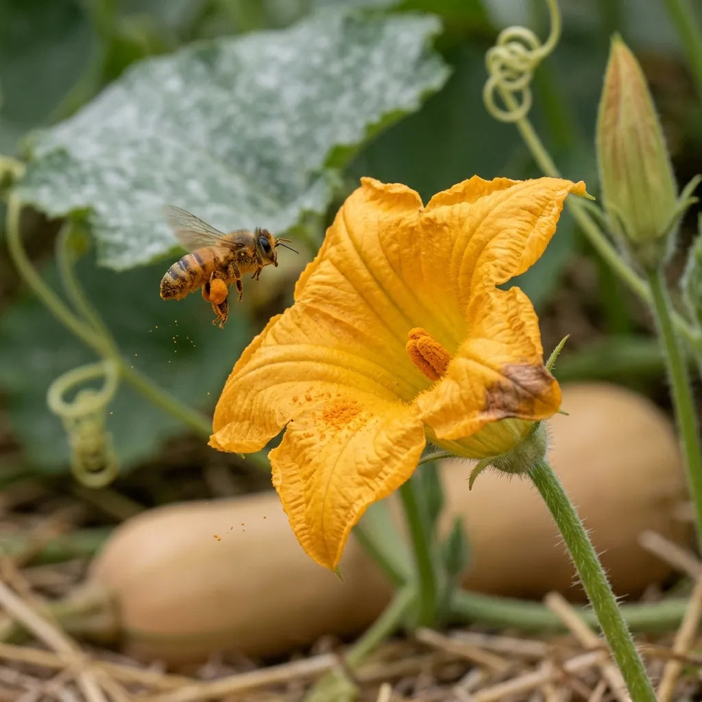 Abeille quittant une fleur mâle de butternut, chargée de pollen orange — SemiSauvage