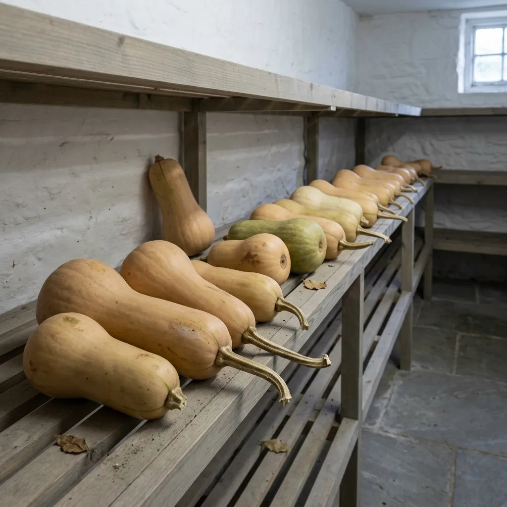 Butternuts en conservation sur des étagères à claire-voie — SemiSauvage