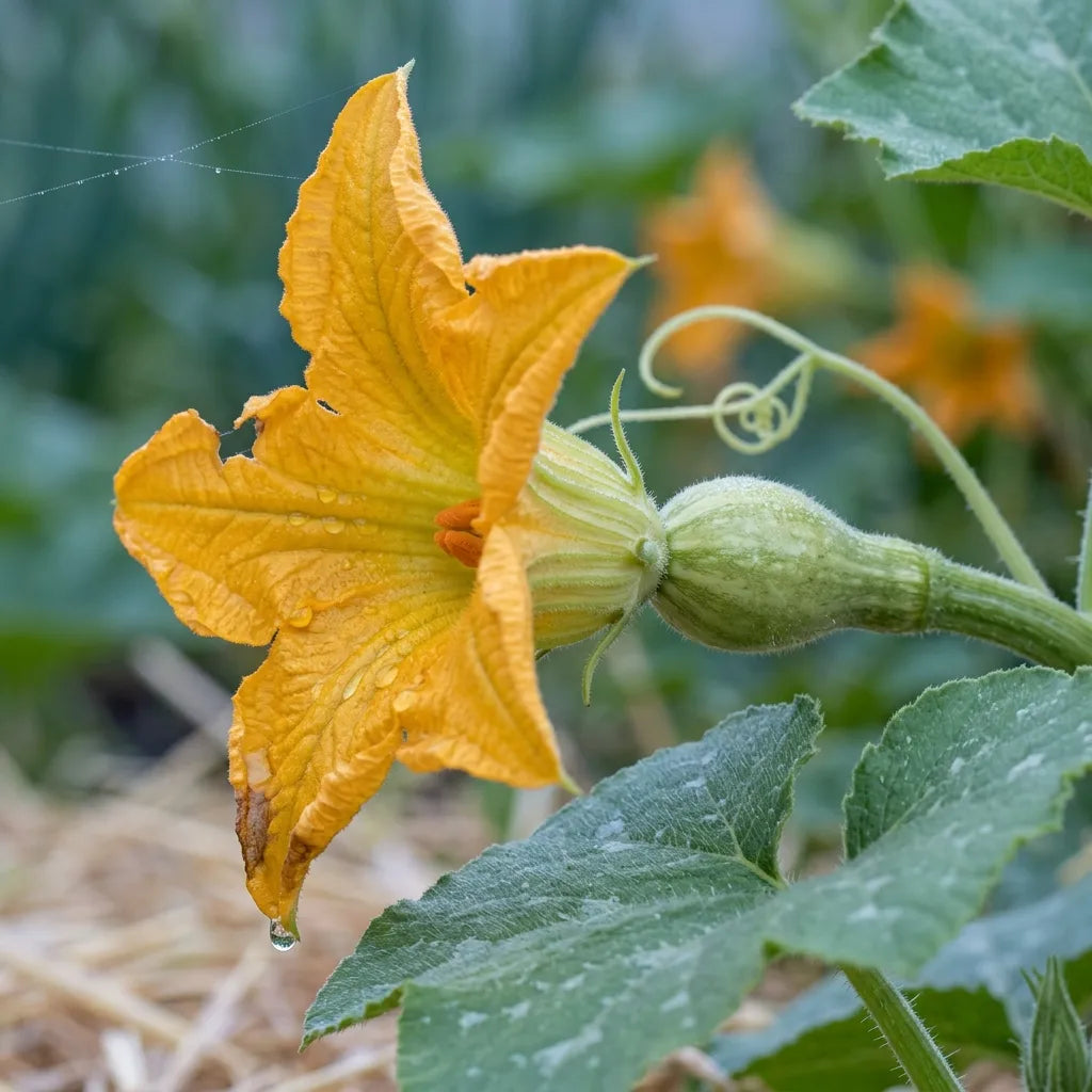 Macro d'une fleur femelle de butternut et de son jeune fruit déjà en forme de poire — SemiSauvage