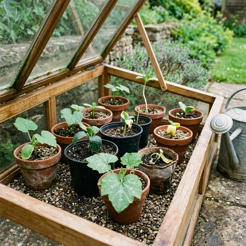 Jeunes plants de butternut en godets endurcis sous châssis — SemiSauvage