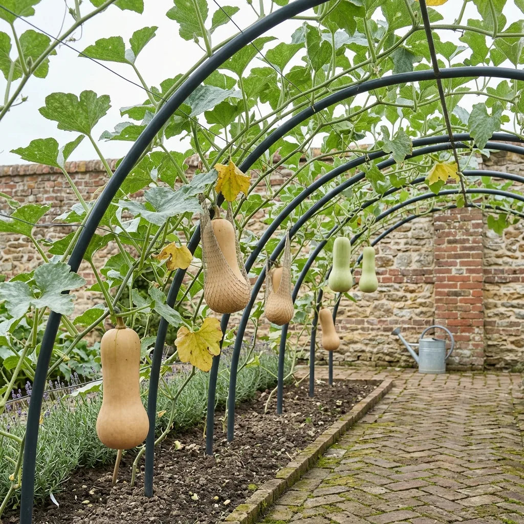 Butternuts palisées sur arceaux dans un potager clos, fruits suspendus — SemiSauvage