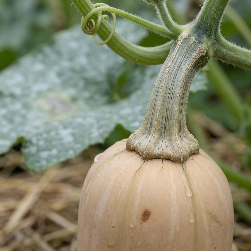 Macro du pédoncule anguleux et évasé de la butternut, trait de Cucurbita moschata — SemiSauvage