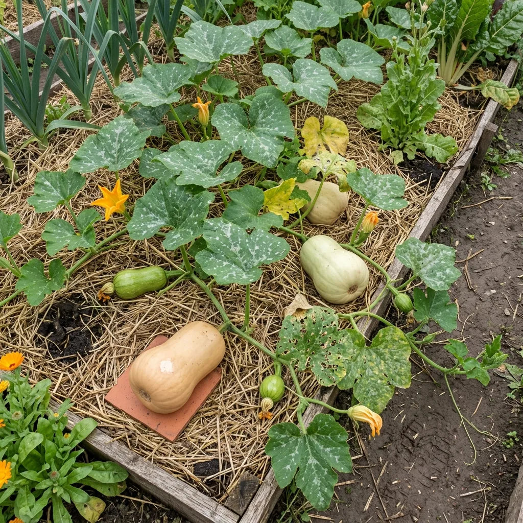 Butternuts courant sur le paillage d'un potager en permaculture — SemiSauvage