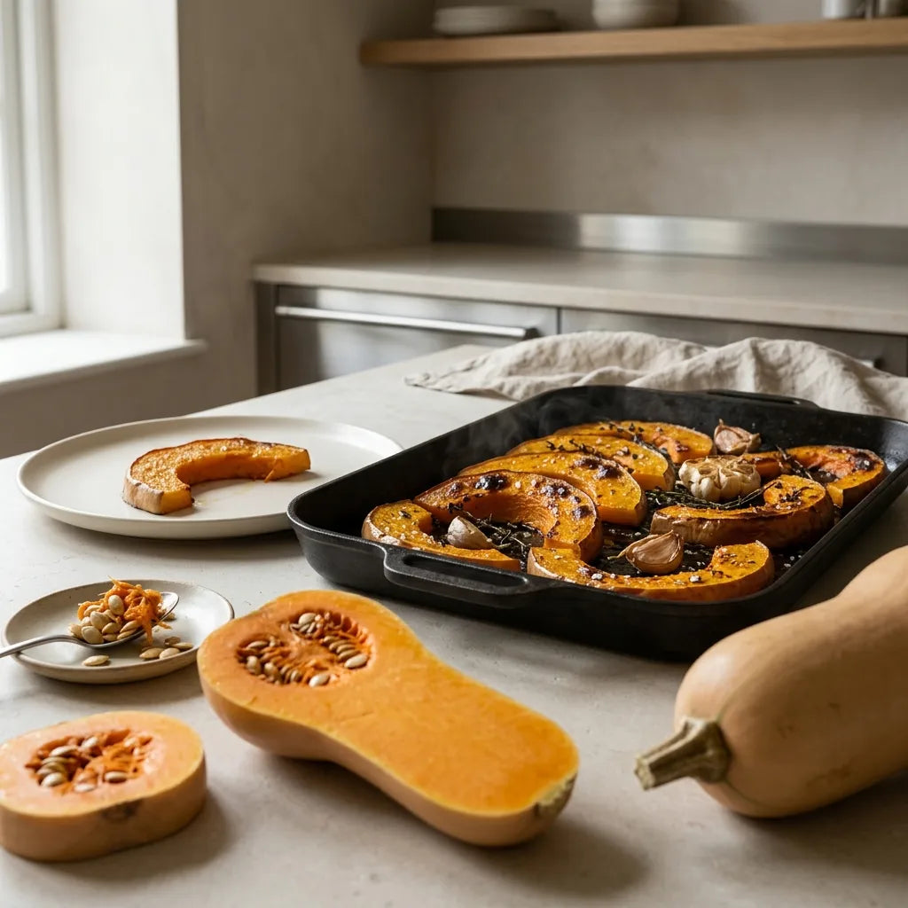 Tranches de butternut rôties au four et fruit coupé montrant son col plein — SemiSauvage