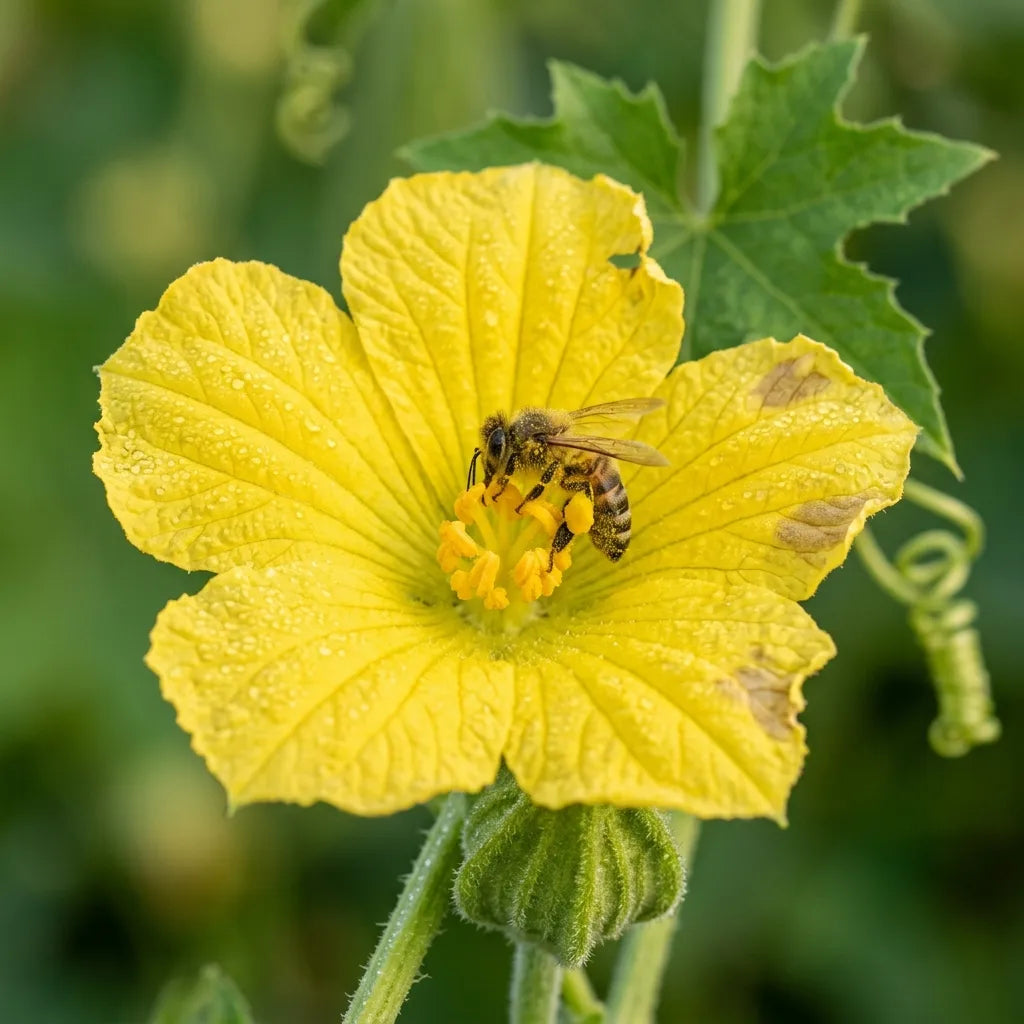 Abeille butinant une fleur jaune de courge éponge (Luffa aegyptiaca) couverte de rosée — SemiSauvage