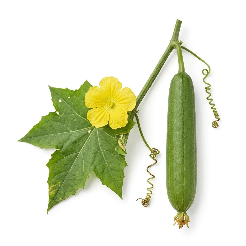 Courge éponge (Luffa aegyptiaca) avec feuille lobée et fleur jaune, sur fond blanc — SemiSauvage